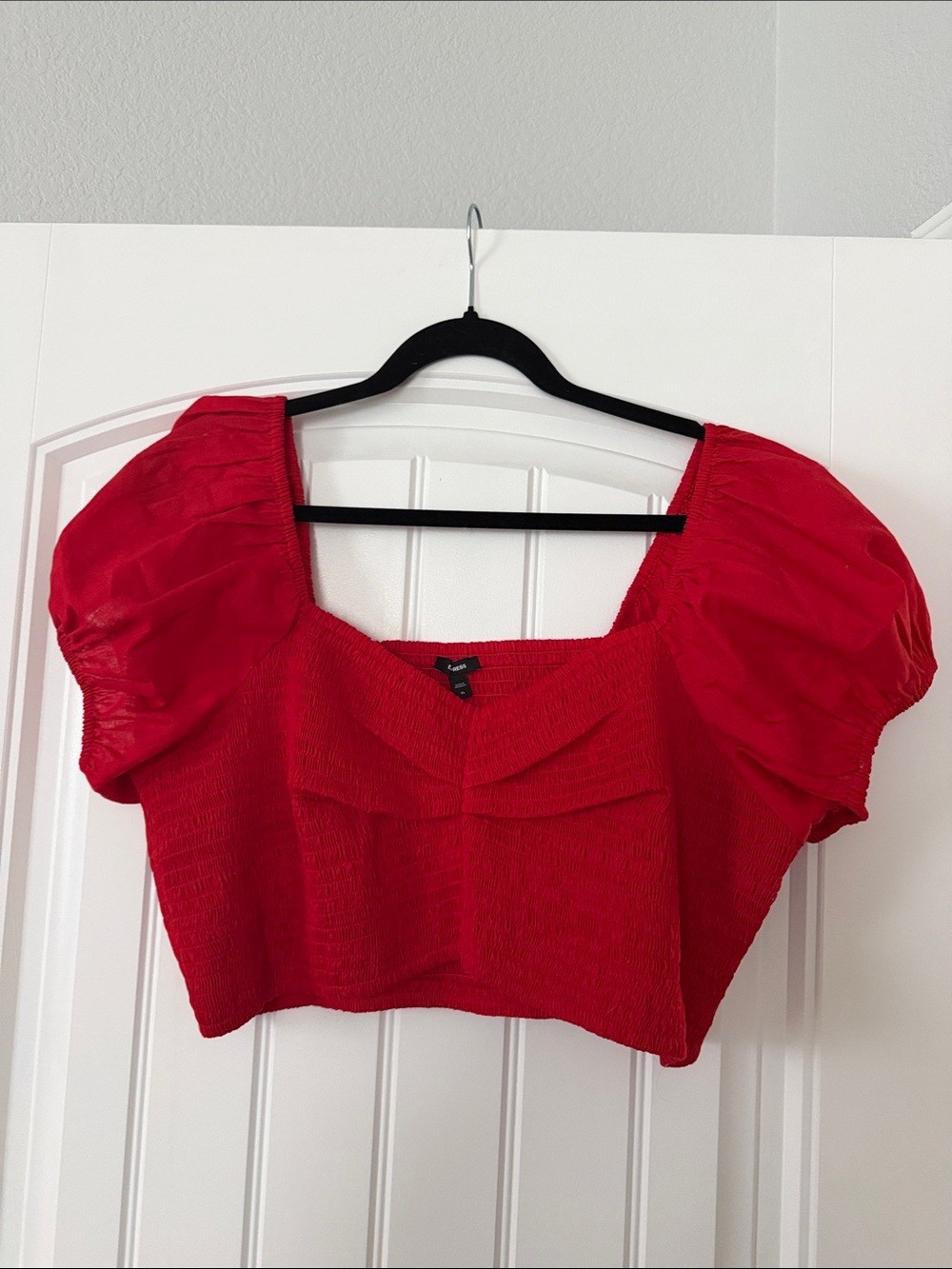 Express Red Puff-Sleeve Smocked Cropped Top